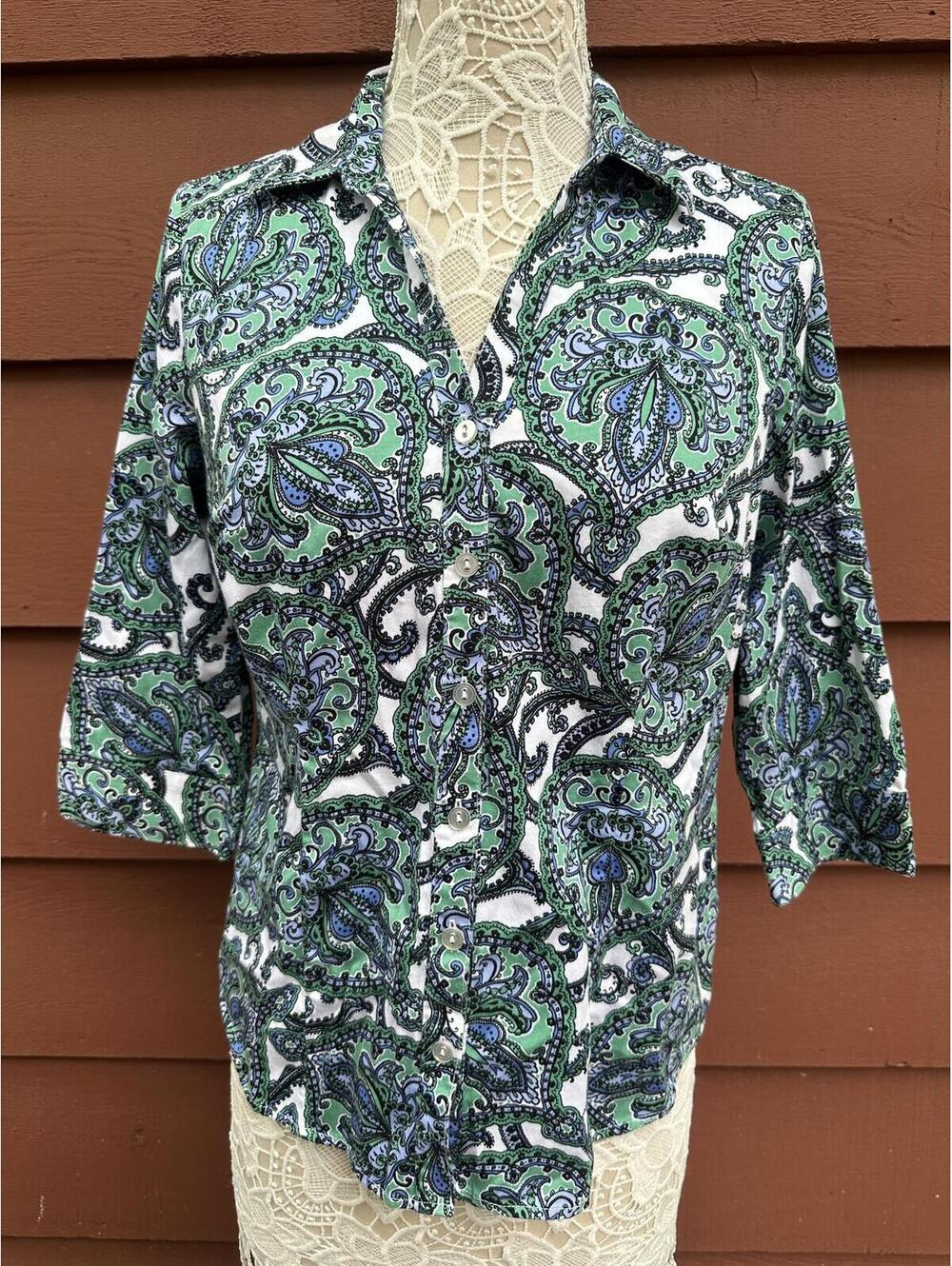 212‎ Collection Y2K Boho Paisley Print Button Up Blouse in Green and Blue